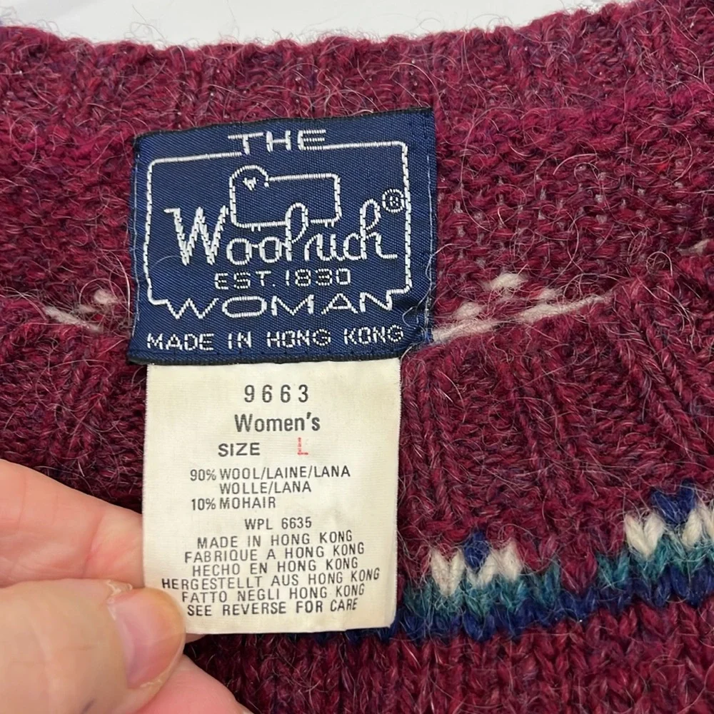 The Woolrich Vintage Large Wool Mohair Maroon Knit Reindeer Fair Isle Sweater - Picture 6 of 10